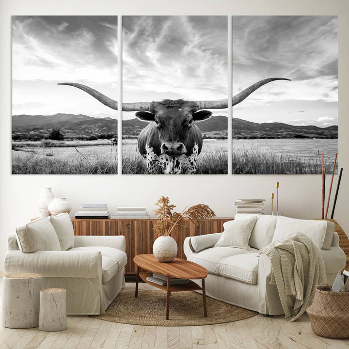 Longhorn Cow Wall Art Canvas Print Farmhouse Wall Art - Texas Longhorn Wall Art Print