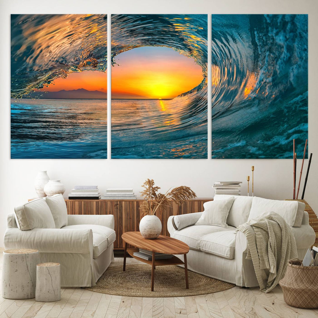 The Ocean Wave Sunset Wall Art canvas print features a vibrant ocean wave at sunset, forming a tunnel with silhouetted mountains.