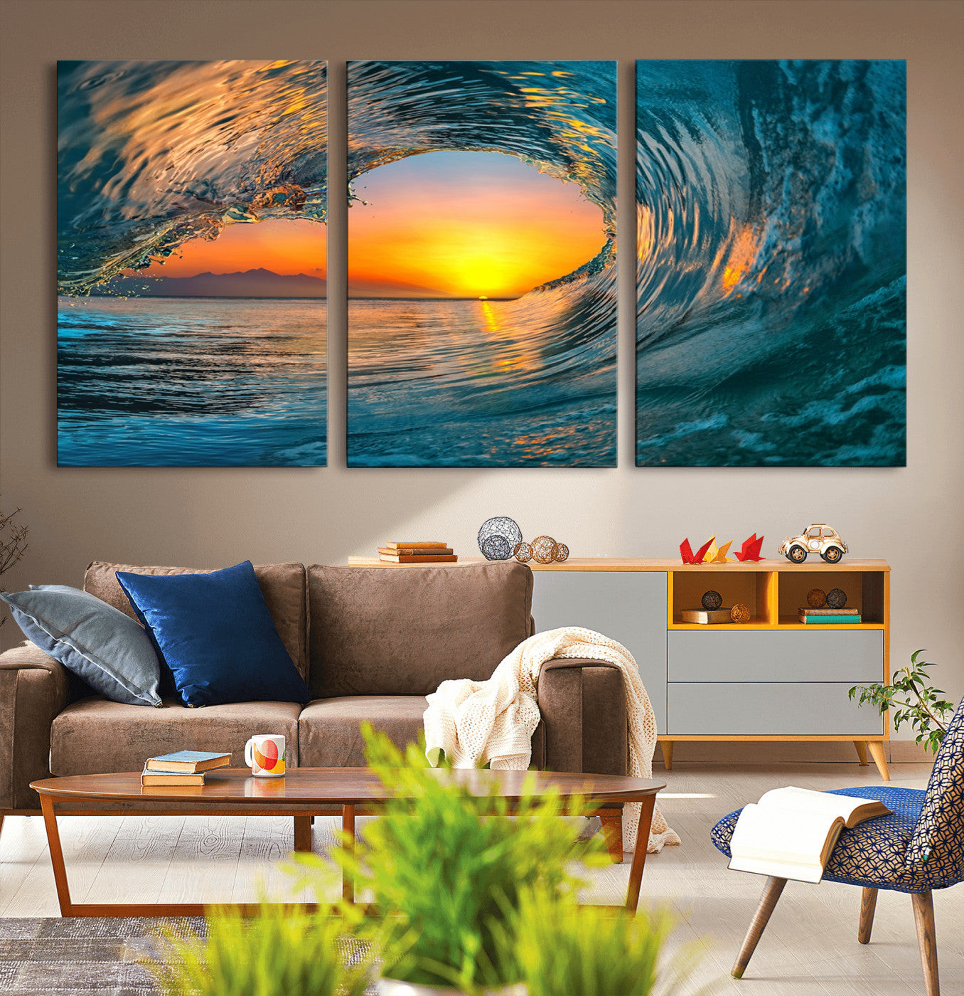 MGV-CV-60X30-3P - Ocean Wave Sunset Wall Art | Large Coastal Wave Canvas Print | 3-Panel Ocean Sunset Seascape for