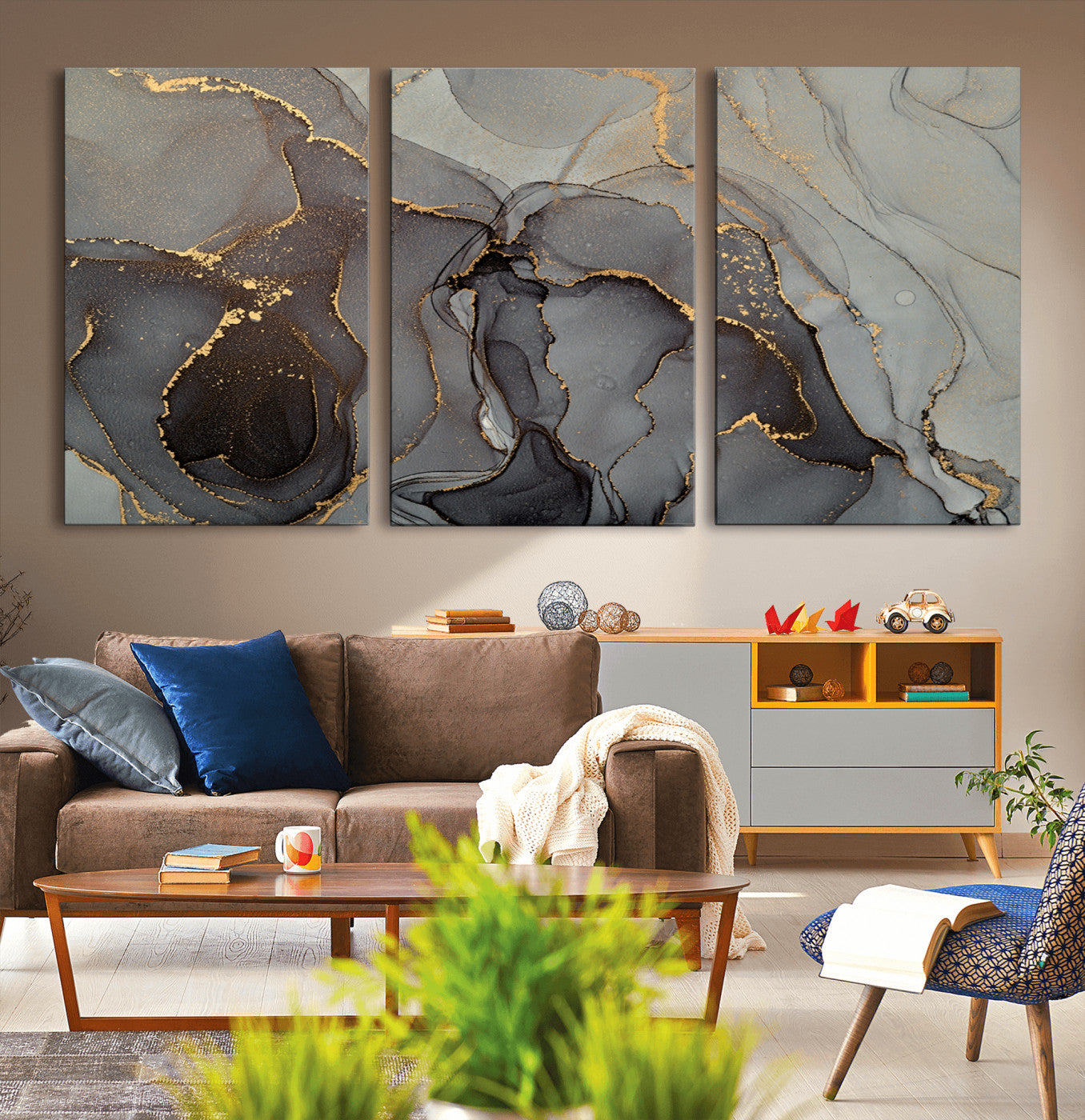 -Gray Marble Fluid Effect Wall Art Abstract Canvas Wall Art Print