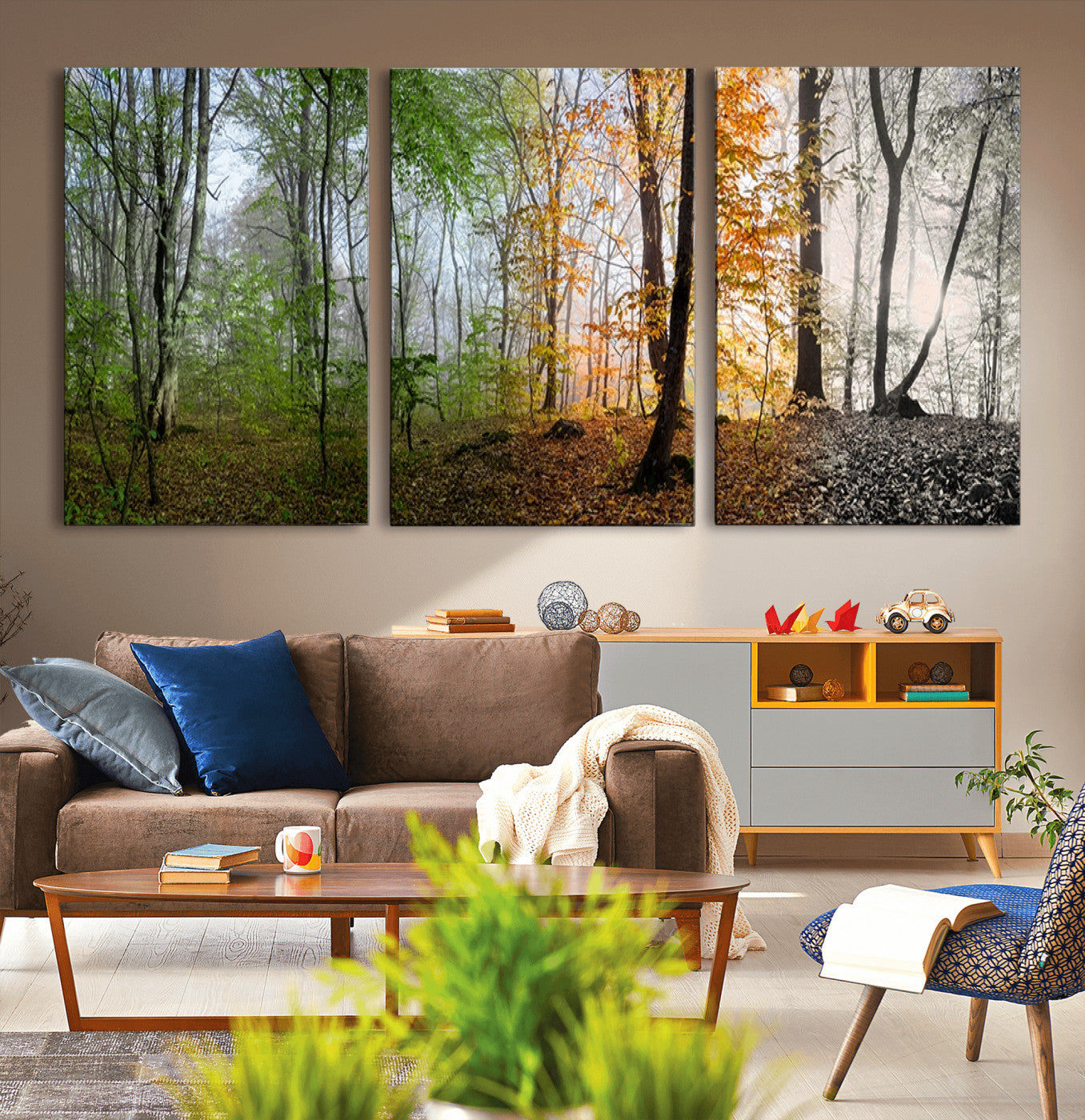 -Four Seasons Wall Art Forest Canvas Print – Triptych Seasonal Nature Print – Landscape Decor for