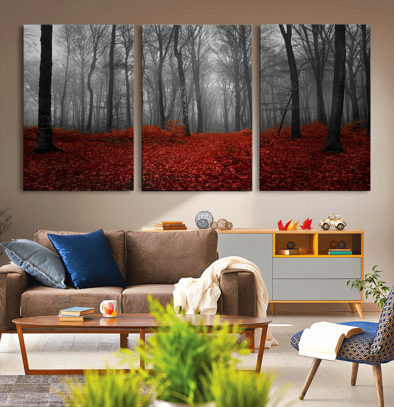 38804-MGV-CV-36X24-Red Forest Floor Canvas Wall Art – Mystical Foggy Woodland Triptych – Nature-Inspired Decor for