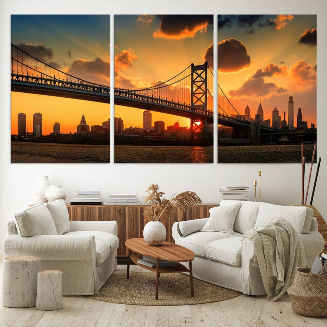 The Philadelphia Ben Franklin Bridge Wall Art Canvas Print radiates charm, embodying the beauty of premium canvas. This handmade-in-the-USA artwork captures attention with its distinct presence.