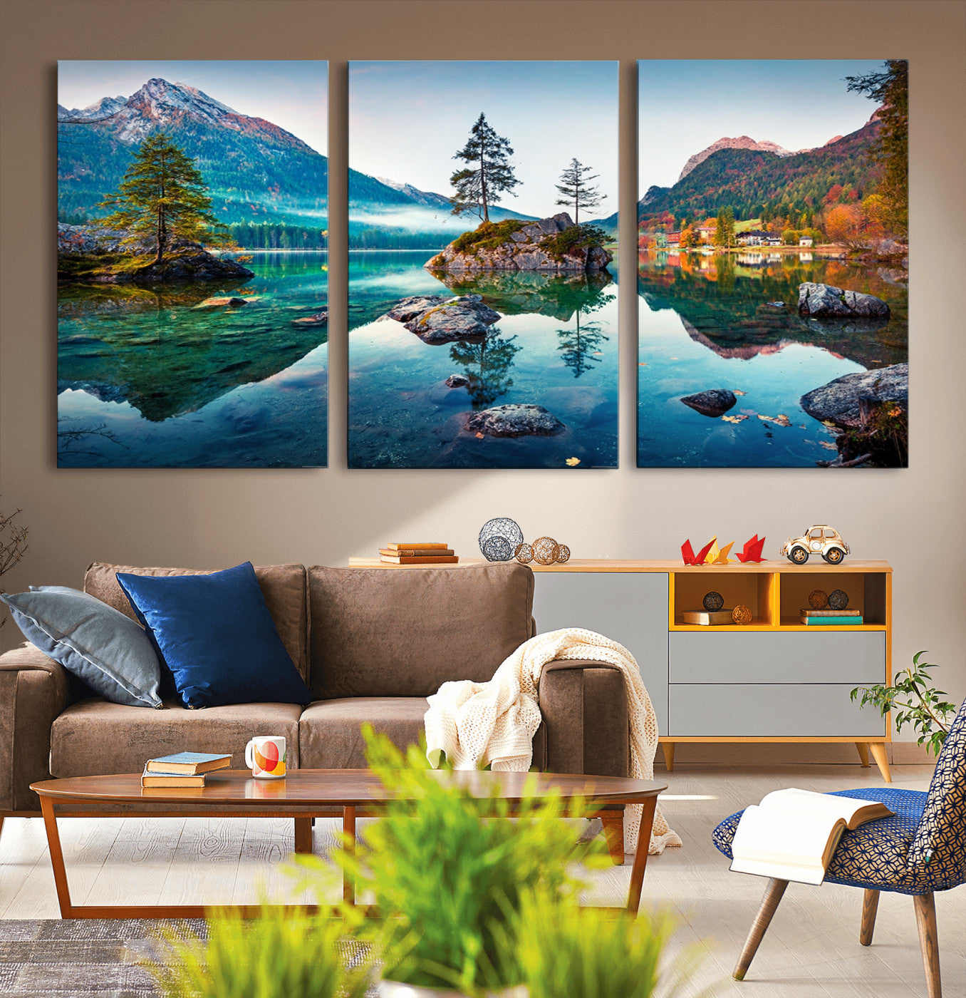 MGV-CV-60X30-3P - Crystal Clear Lake Wall Art | Mountains Wall Art Canvas | 3 Panel Large Landscape Print for Dining