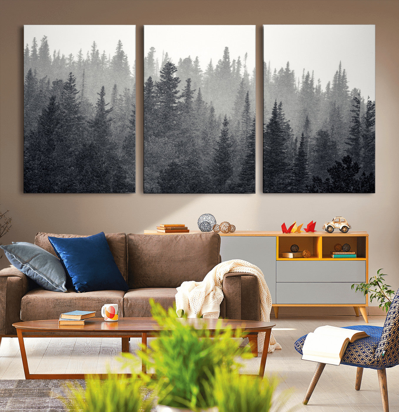 92450-MGV-CV-36X24-Misty Forest Canvas Wall Art – Monochrome Triptych Pine Tree Print – Nature-Inspired Home Decor –