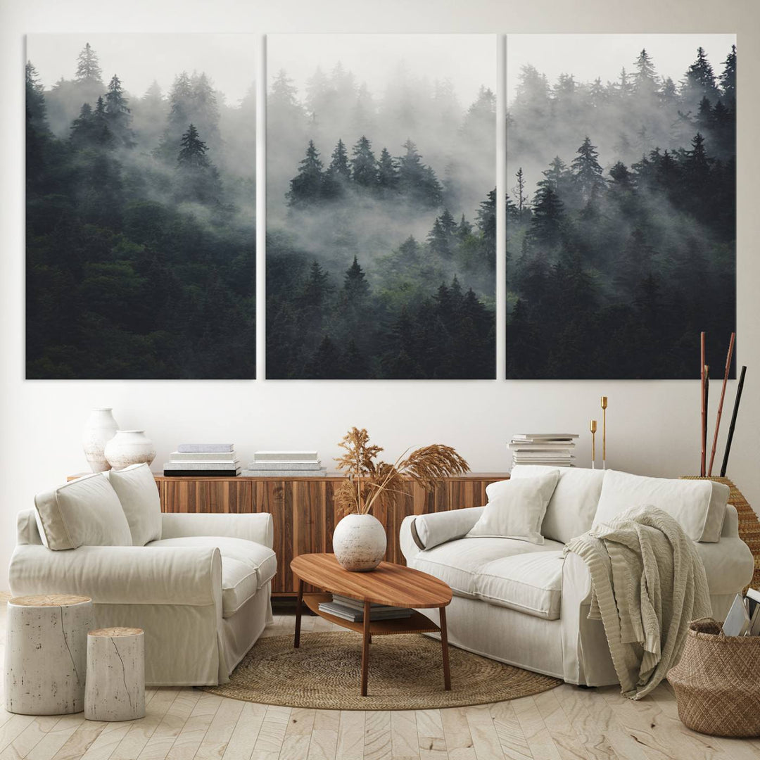 The Serene Triptych Print features tall evergreens, creating a mysterious and calming atmosphere.