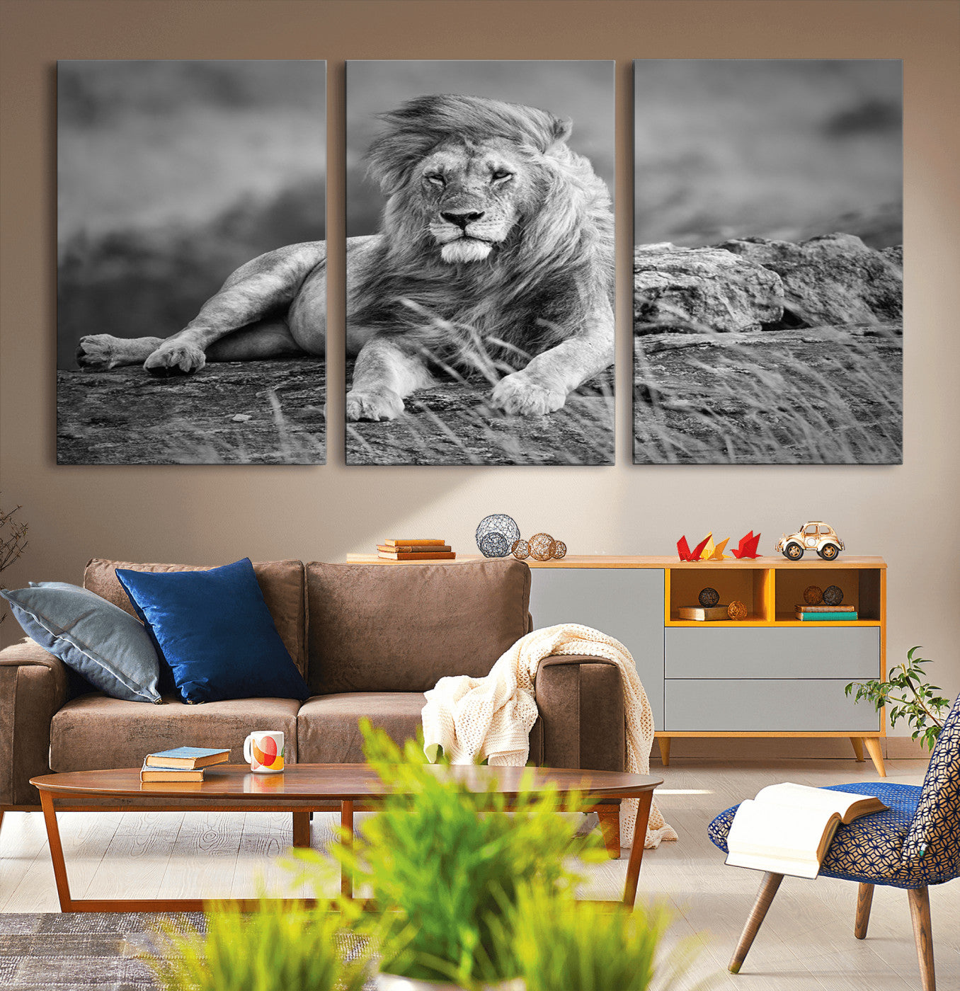 68679-MGV-CV-60X30-3P-King Forest Lion Wall Art Canvas Print – Framed Majestic Wildlife Scene with Regal Lion Artwork for Home, Office