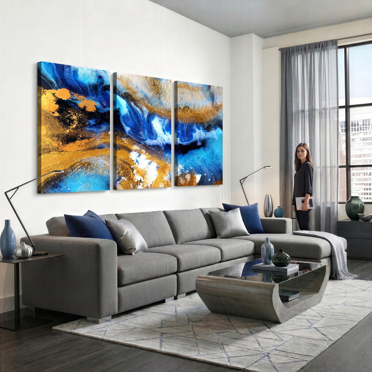 42100-_Poster-30x20 - Large Abstract Wall Art Print | Gold and Blue Abstract Canvas Wall Art