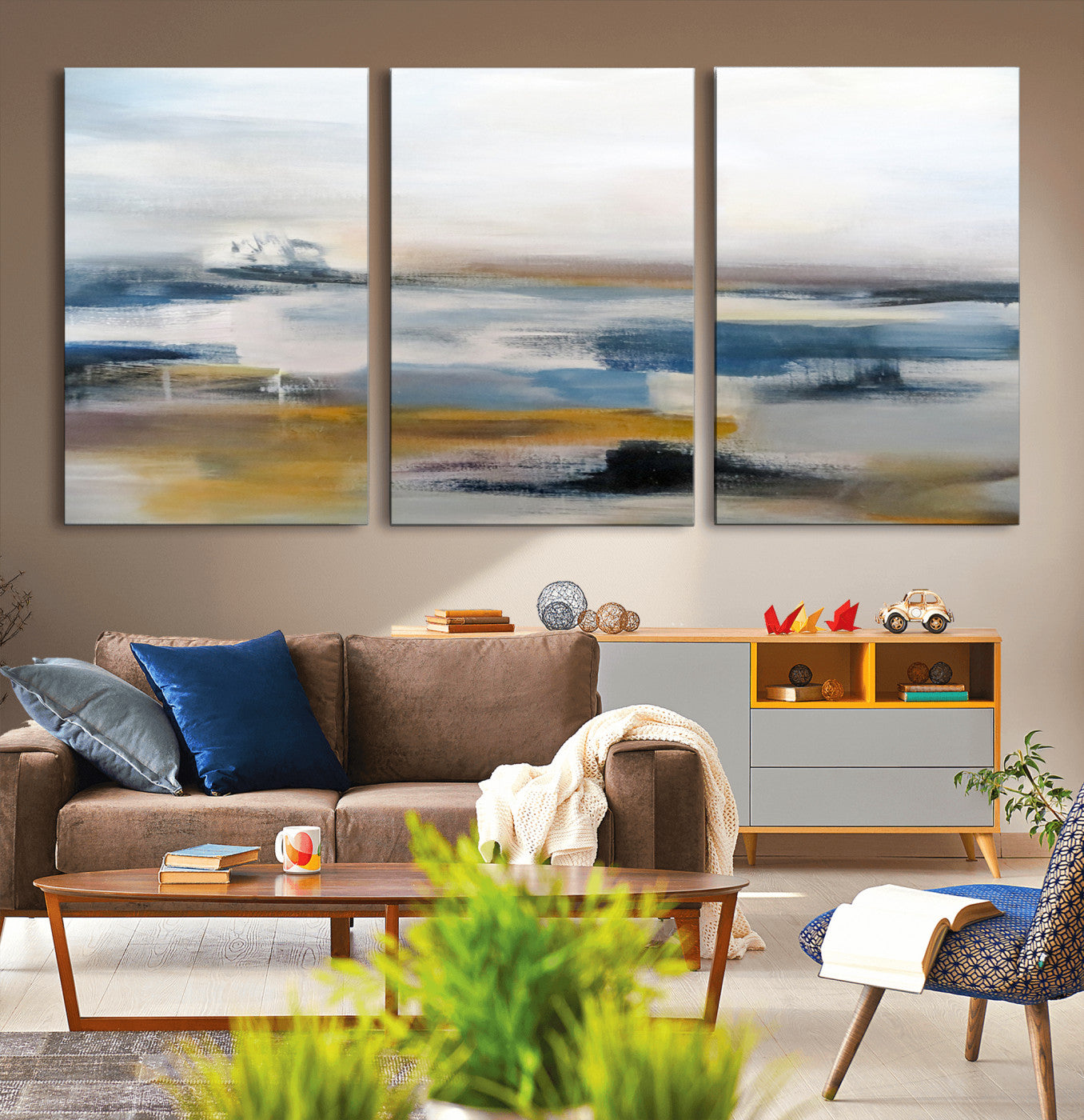 95919-MGV-CV-36X24-Abstract Landscape Wall Art Canvas | 3 Panel Modern Blue, Gold, and White Canvas Art for Living