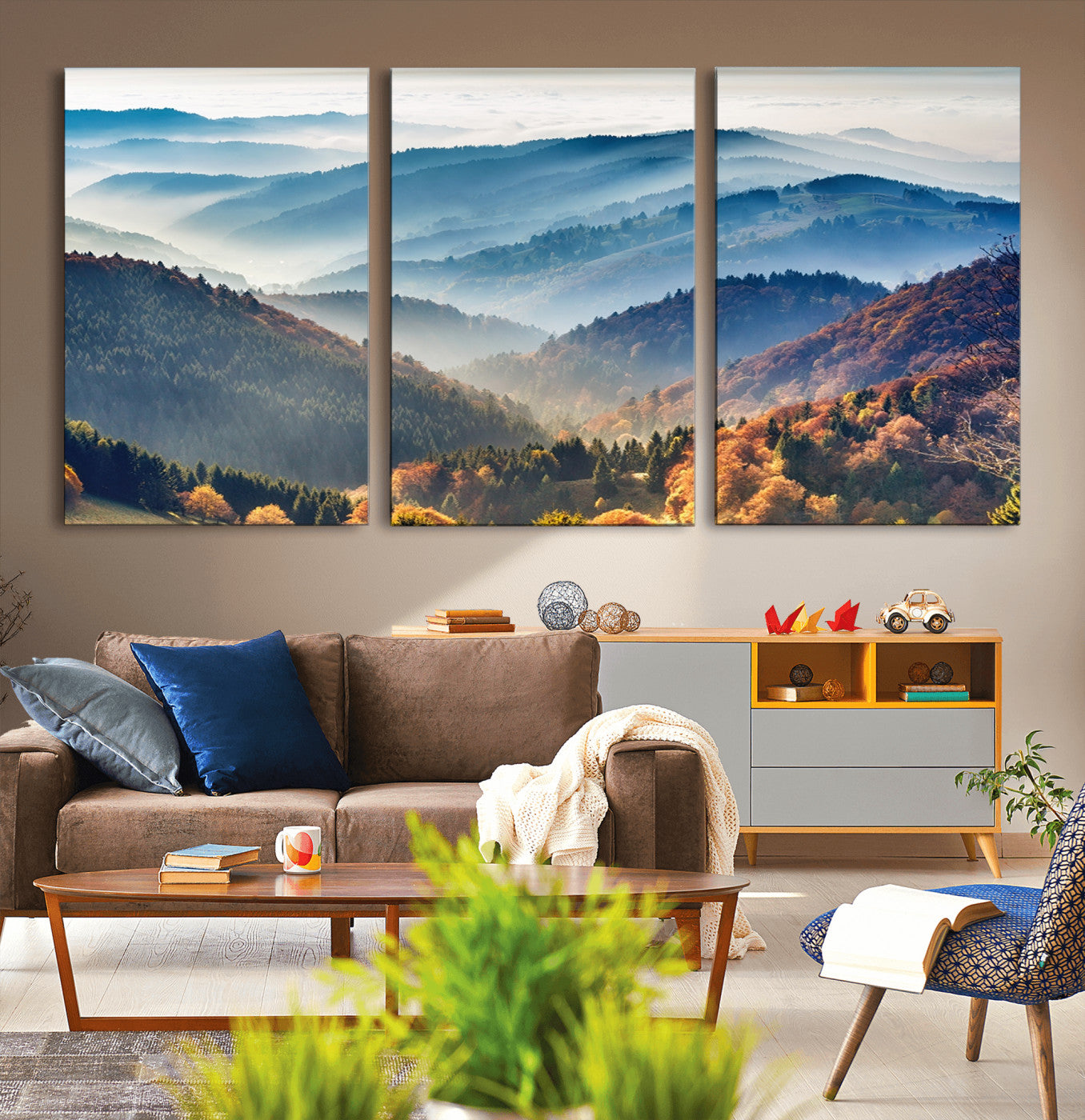 23293-MGV-CV-36X24-Misty Mountain Sunrise Triptych Canvas Print – Autumn Landscape Wall Art – Scenic Nature Decor – Ready to Hang