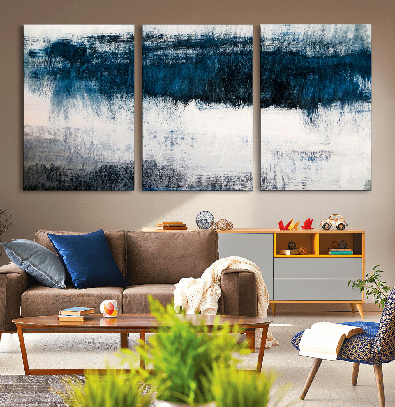 38954-MGV-CV-36X24-Abstract Blue and White Canvas Art | Large Wall Art for Modern Living Room Decor | Minimalist Brushstroke Painting on Canvas