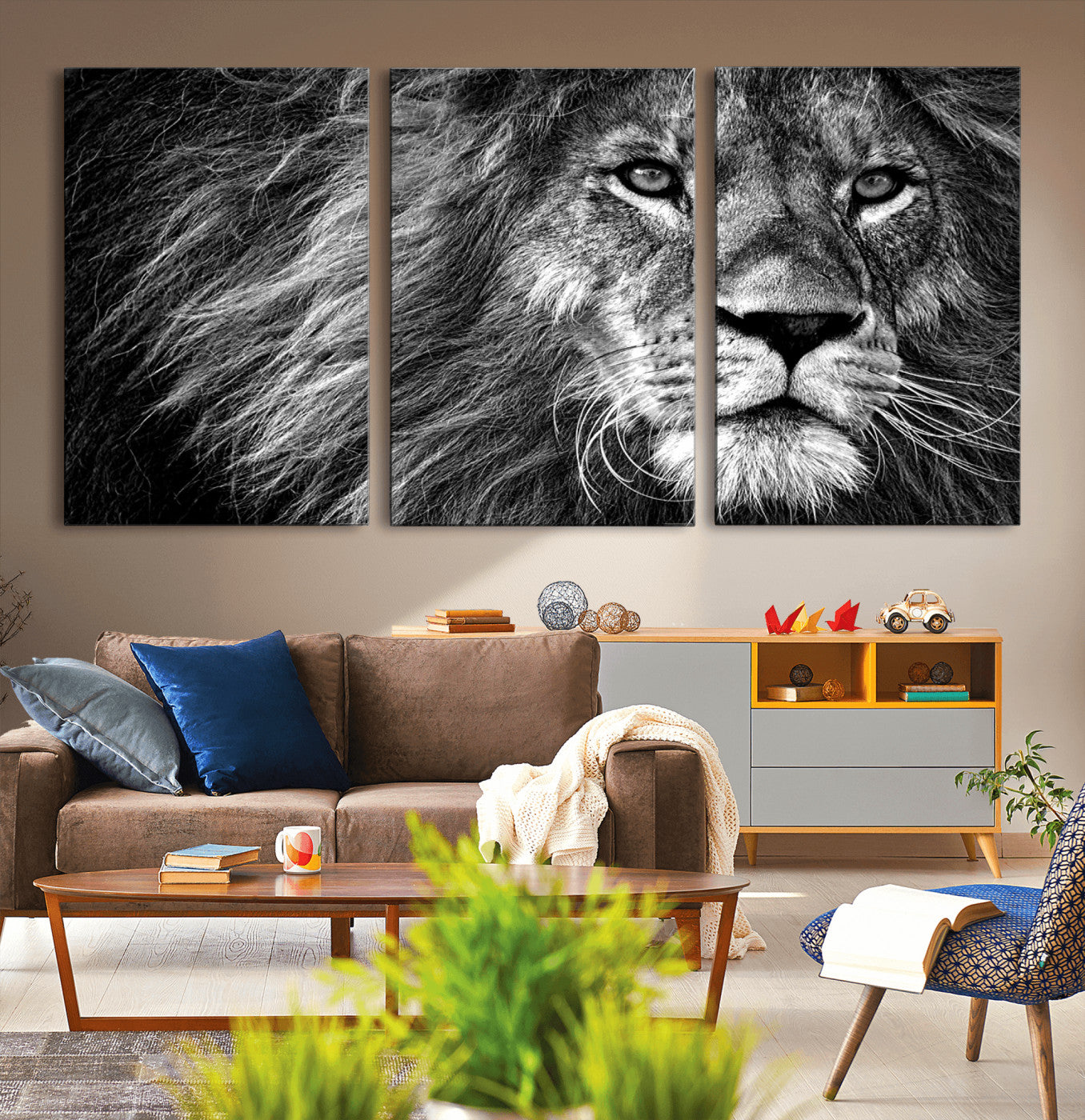 58363-MGV-CV-36X24-Black and White Lion Canvas Wall Art Print – Wildlife Portrait Artwork for Home, Office, Living Room, Guest Room
