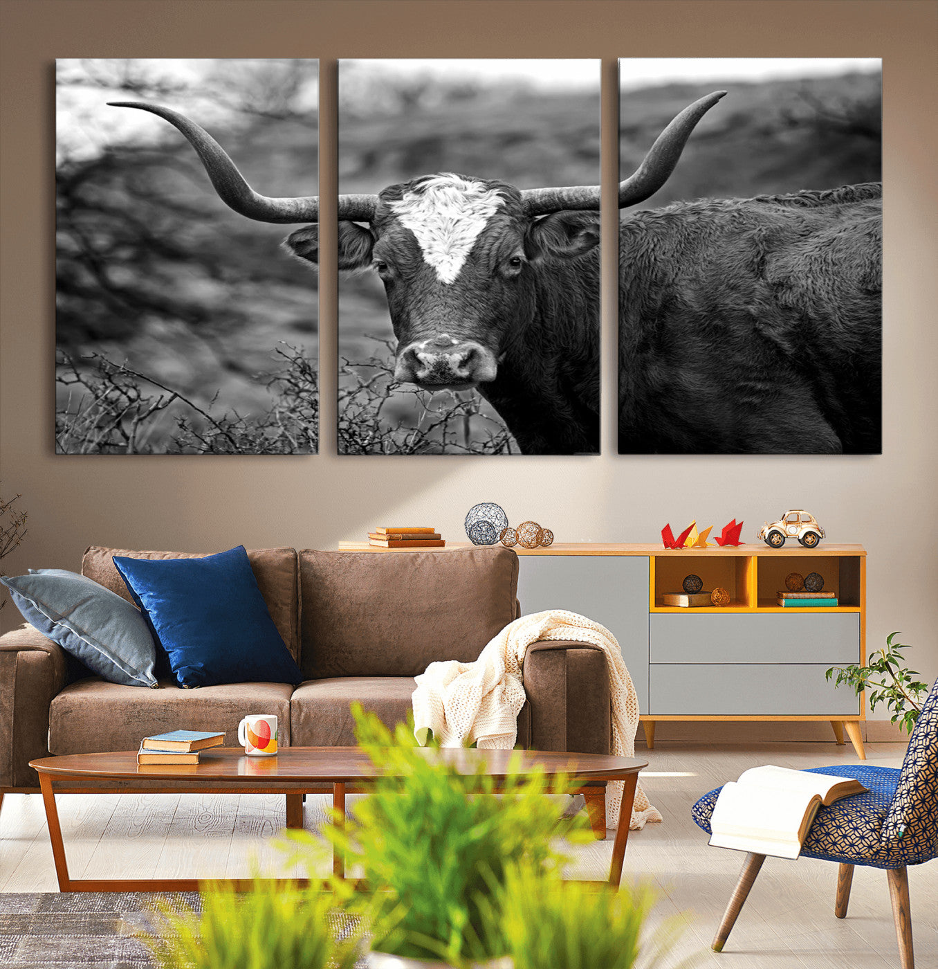 MGV-CV-60X30-3P - Western Home Wall Art Canvas Print, Framed Texas Longhorn Art Picture Print, Rustic Cow Perfect Rustic Farmhouse Decor Artwork