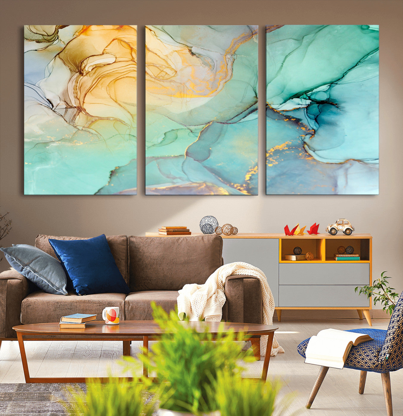 84233-MGV-CV-36X24-Abstract Aqua and Gold Fluid Wall Art Canvas | 3 Panel Large Canvas Print for Living Room, Office, or Modern Space | Elegant Contemporary