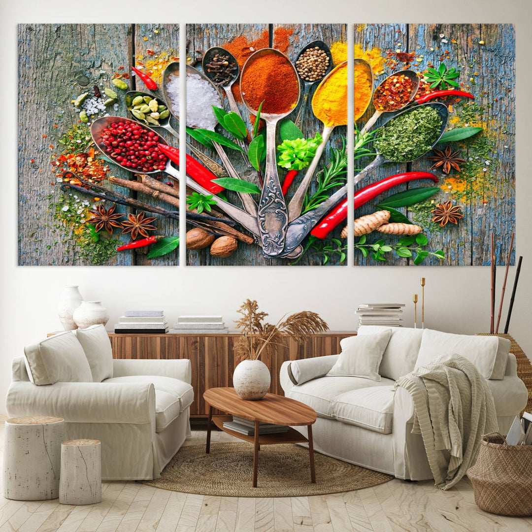 Vibrant Spoonful of Spices kitchen wall art canvas, a culinary triptych ideal for any dining room decor.