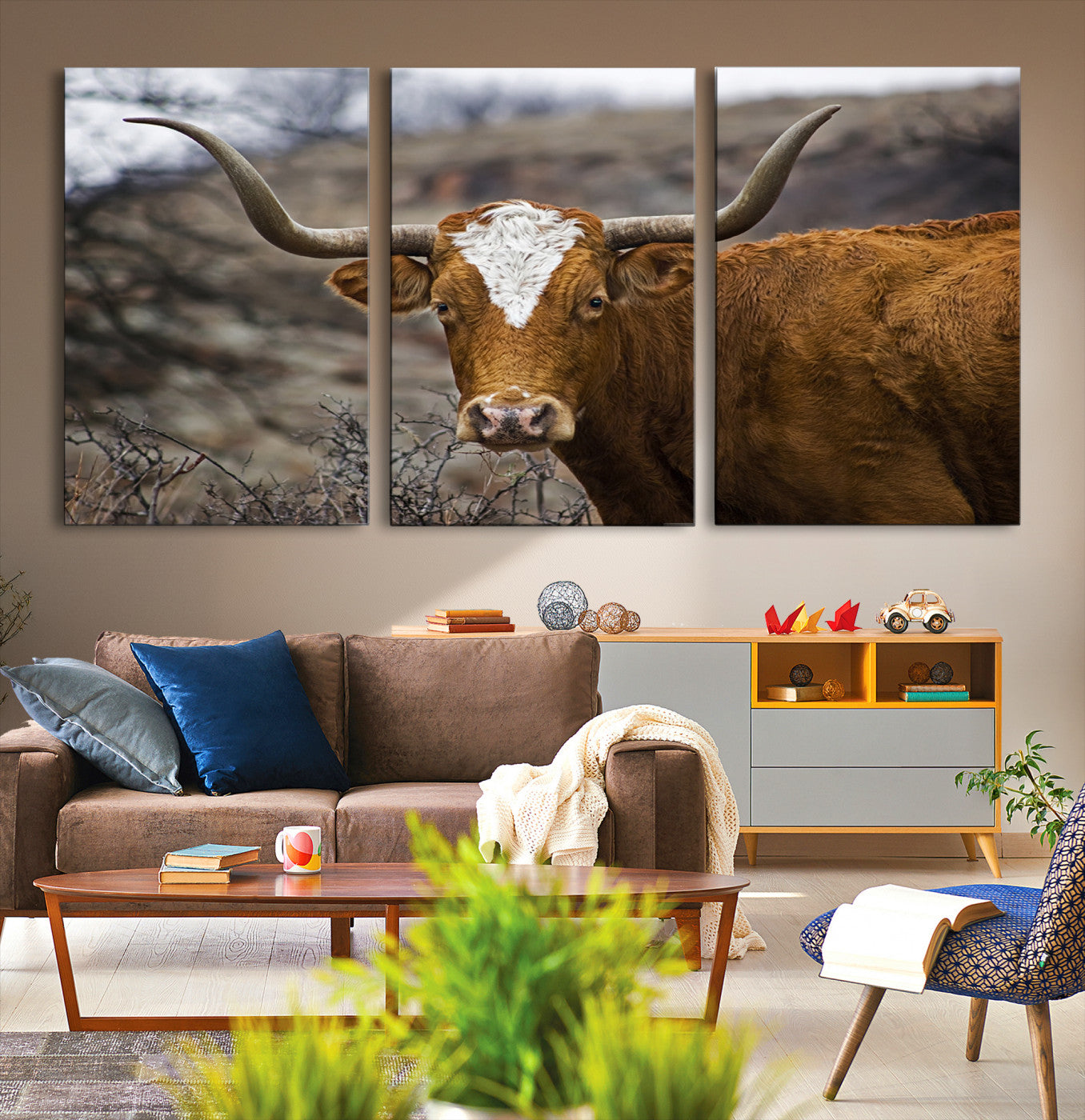 71797-MGV-CV-36X24-Texas Longhorn Canvas Wall Art - Longhorn Steer Canvas Wall Art Print- Rustic Western Animal Print, Large Longhorn Decor for Living Room,
