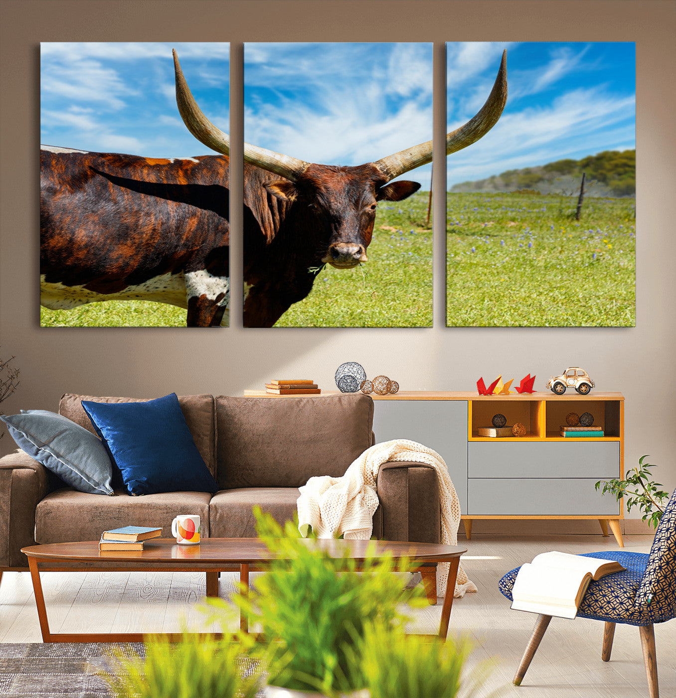 47037-MGV-CV-36X24-Longhorn and Cow Wall Art, Country Cow Wall Decor Canvas Print