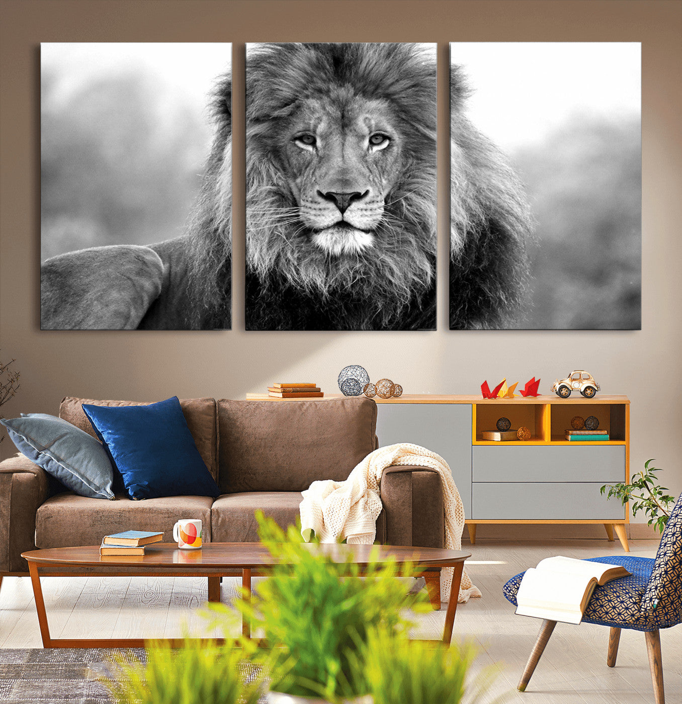 91590-MGV-CV-36X24-Black and White Lion Canvas Wall Art – Animal Print Artwork for Home, Office, Living Room, Guest Room
