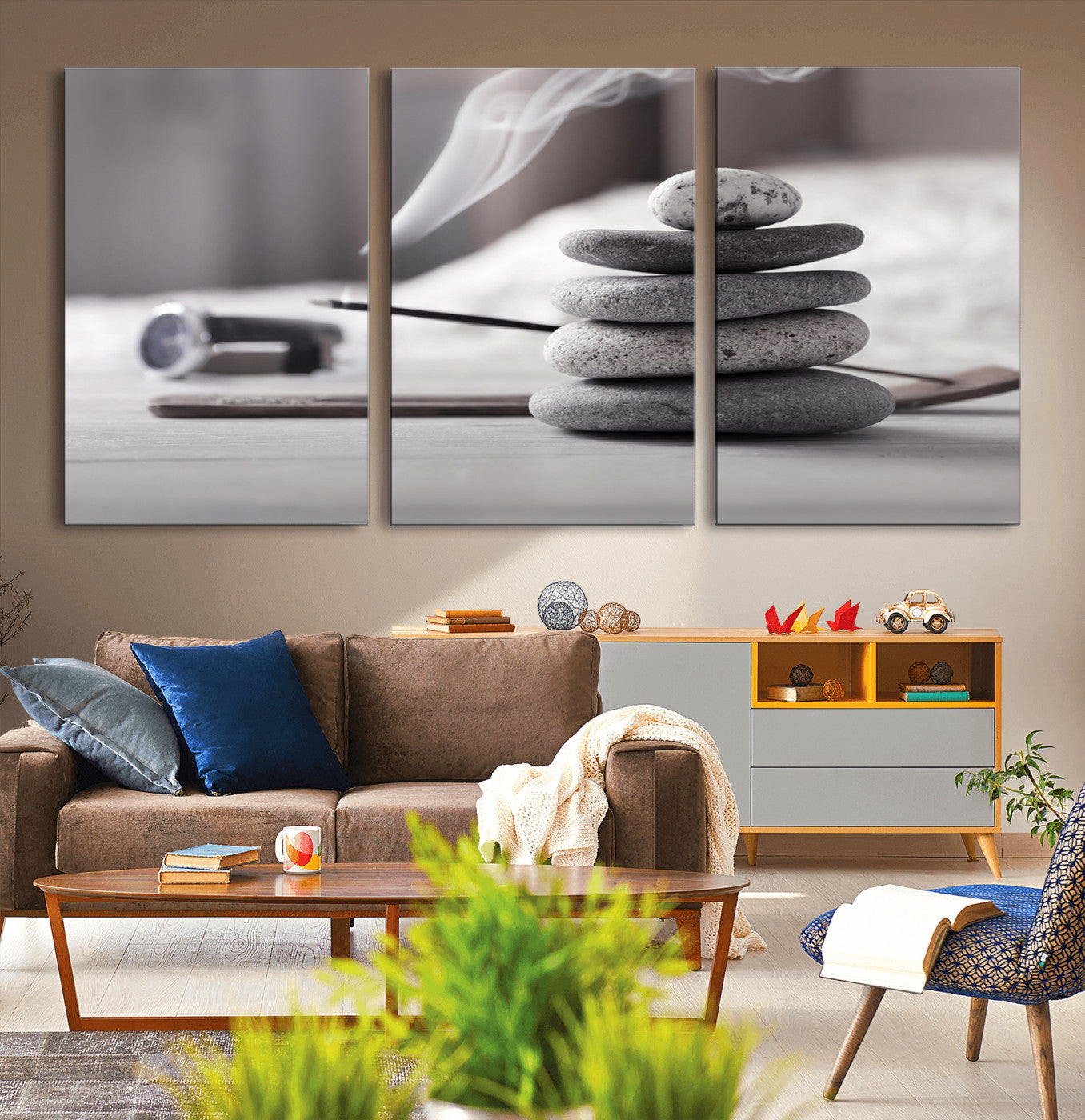 50072-MGV-CV-60X30-3P-Burning Incense and Zen Stones Buddhism Wall Art, Zen Stones Wall Art Canvas Print