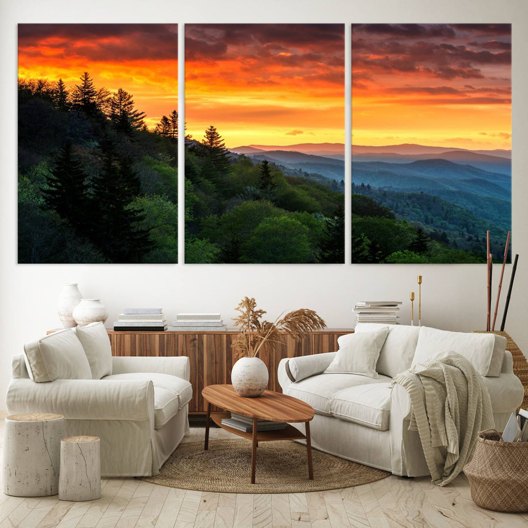 The Great Smoky Mountains Sunset Wall Art, a 3-panel print, beautifully captures natures beauty and is perfect for living room or office decor.