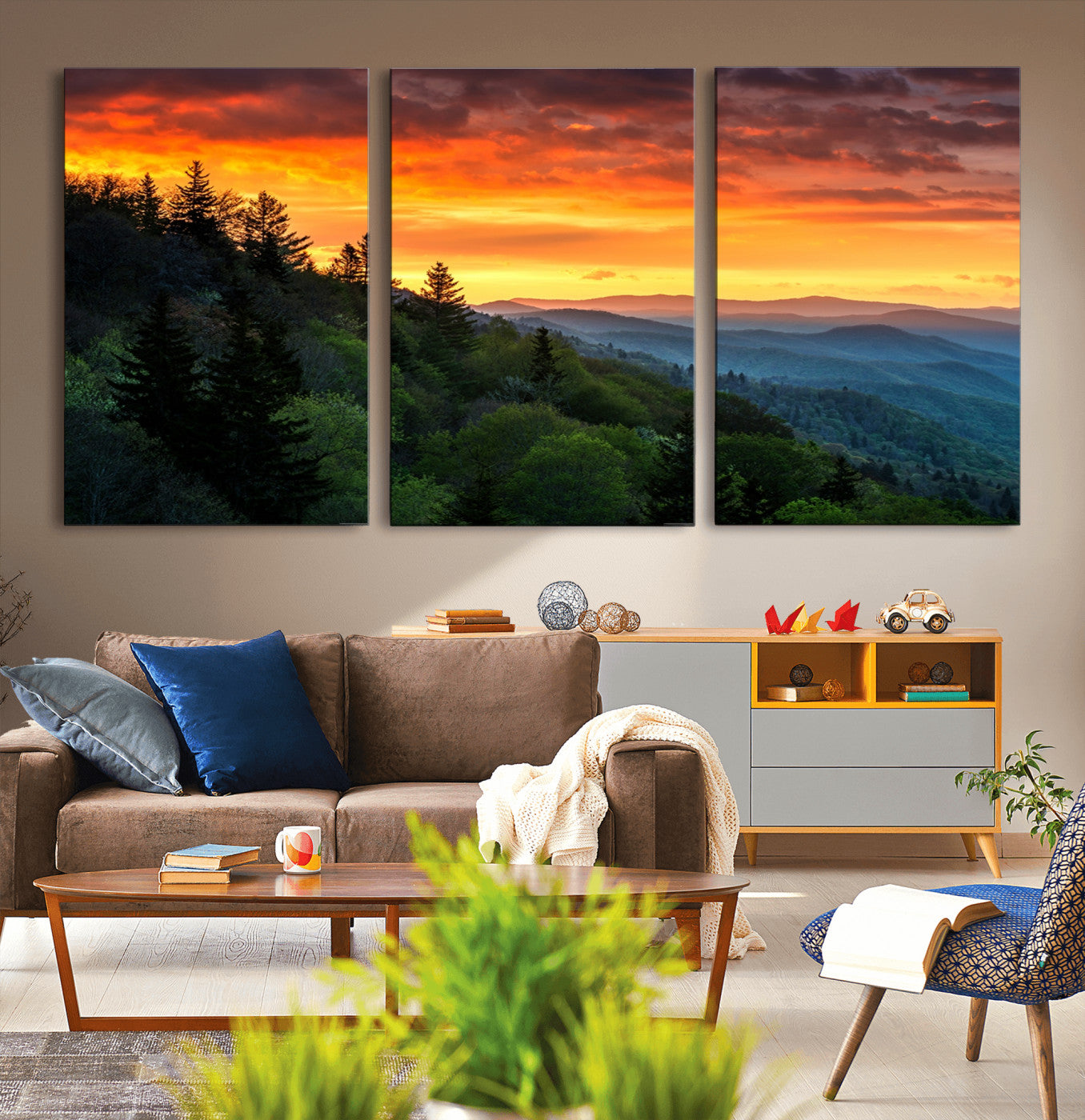 28501-MGV-CV-36X24-Great Smoky Mountains Sunset Wall Art Canvas Print | 3 Panel Large Nature Landscape Photography for