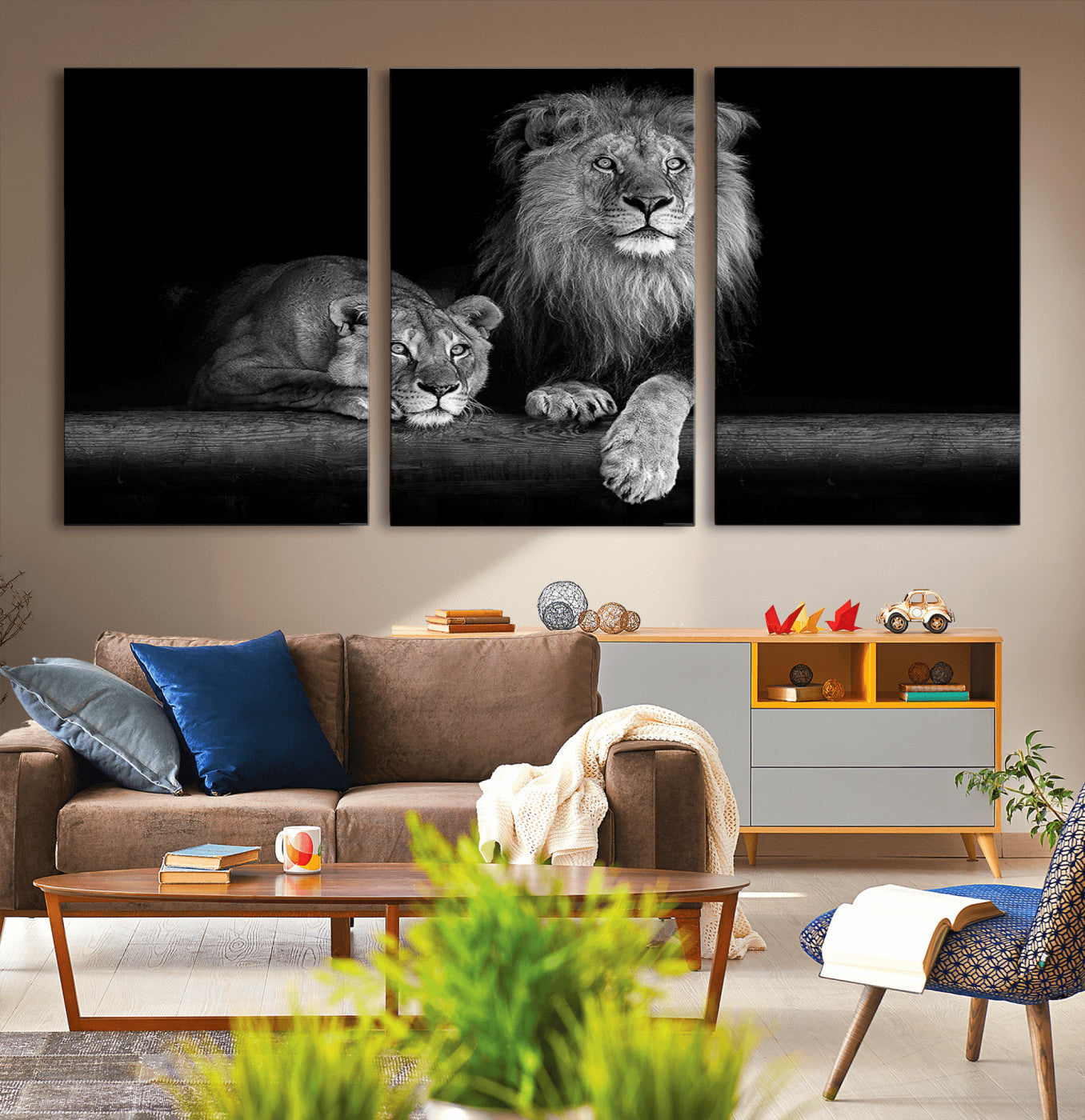 MGV-CV-60X30-3P - Large Black and White Lion Couple Wall Art Canvas Print