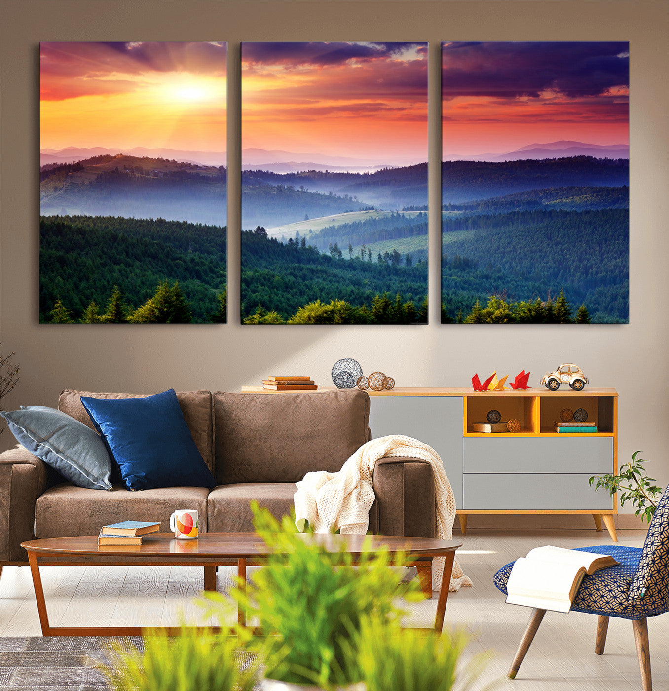 86411-MGV-CV-36X24-Sunset over Mountain Canvas Print, Forest Canvas Wall Art – Triptych Nature Landscape for Living