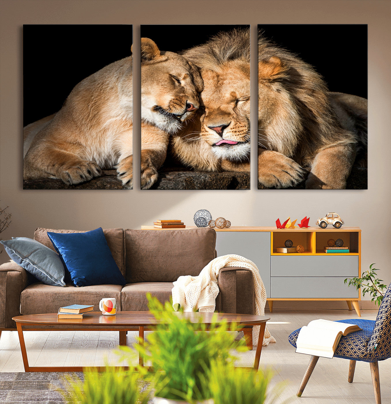 MGV-CV-60X30-3P - Lion and Lioness Wall Art Print Canvas | 3-Panel African Wildlife Canvas Print | Animal-Themed Art