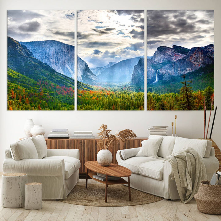 The Yosemite Park Half Dome 3 Panel Canvas Print beautifully captures the enchanting beauty of national parks with its vibrant mountain and forest scene. This large giclée landscape wall art is perfect for living rooms, offices, or bedrooms and comes ready to hang.