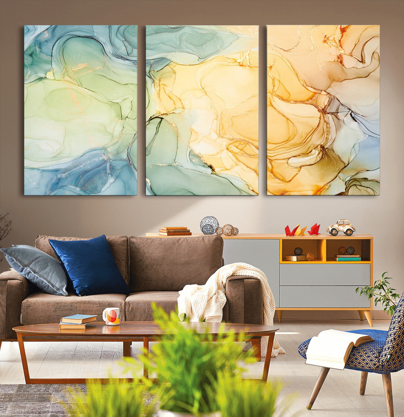 -Green and Yellow Marble Fluid Effect Wall Art, Green and Yellow Marble Canvas Wall Art Print