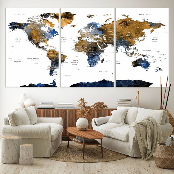 The Triptych Modern World Map Canvas in blue and brown is an ideal global decor piece for enhancing living rooms or offices. It comes ready to hang.