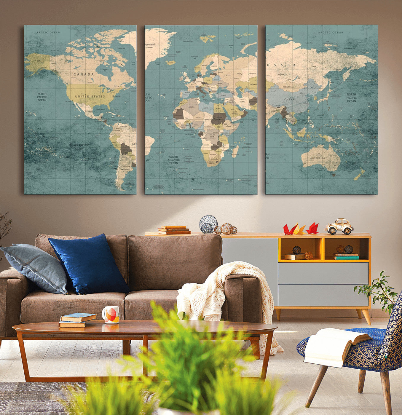54872-MGV-CV-36X24-Classic World Map Canvas Print – Framed Vintage Map Wall Art, Retro Atlas Design for Rustic Explorer or Study Room Decor