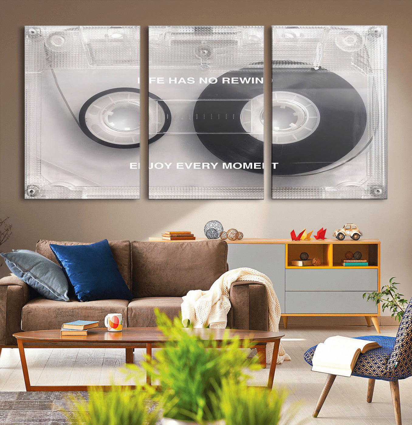 54028-MGV-CV-36X24-Vintage Cassette Tape Canvas Wall Art - Inspirational 'Life Has No Rewind' Quote, Retro Music Decor