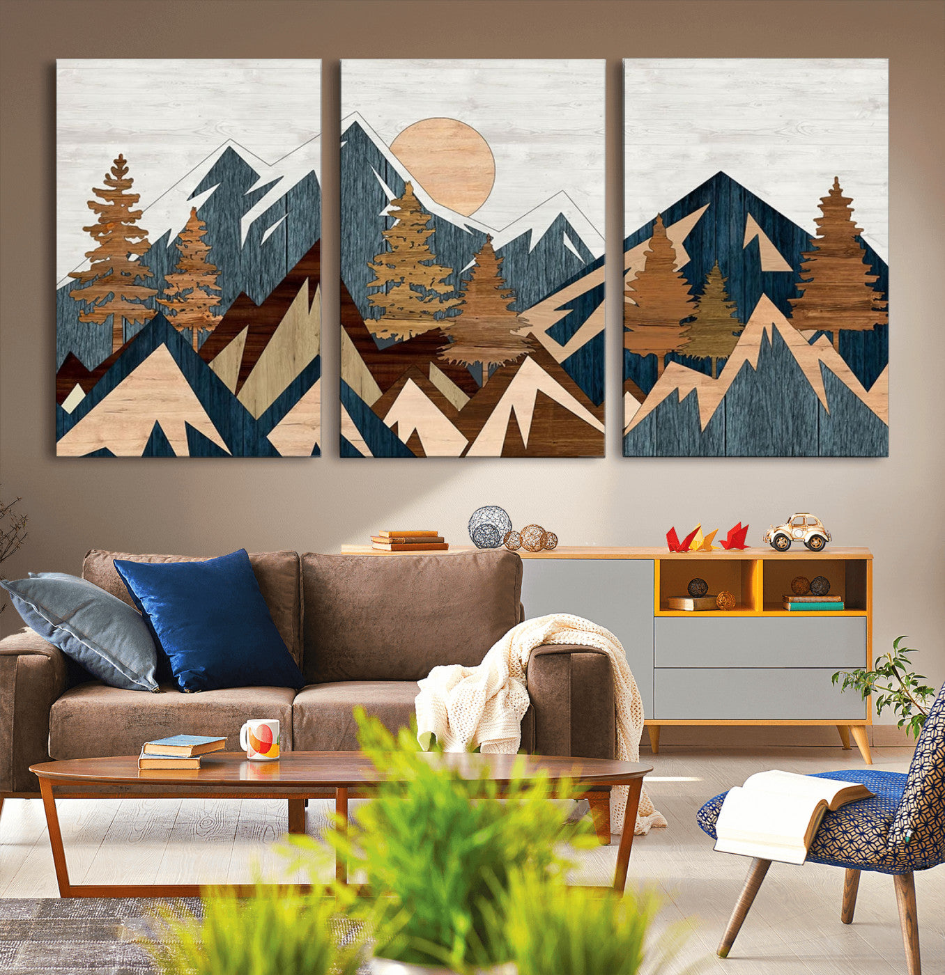 91467-MGV-CV-36X24-Abstract Wood Panel Effect Mountain Range Top Wall Art Canvas Print