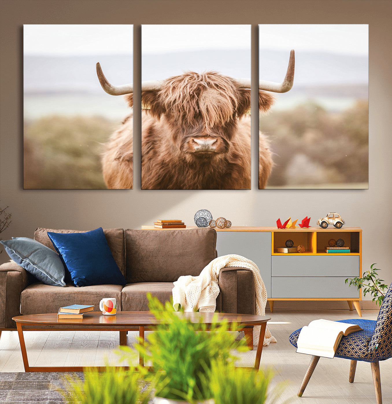 MGV-CV-60X30-3P - Scottish Serene Highland Cow Canvas Wall Art – Serene Highland Cow in Natural Pastel Tones – Ready