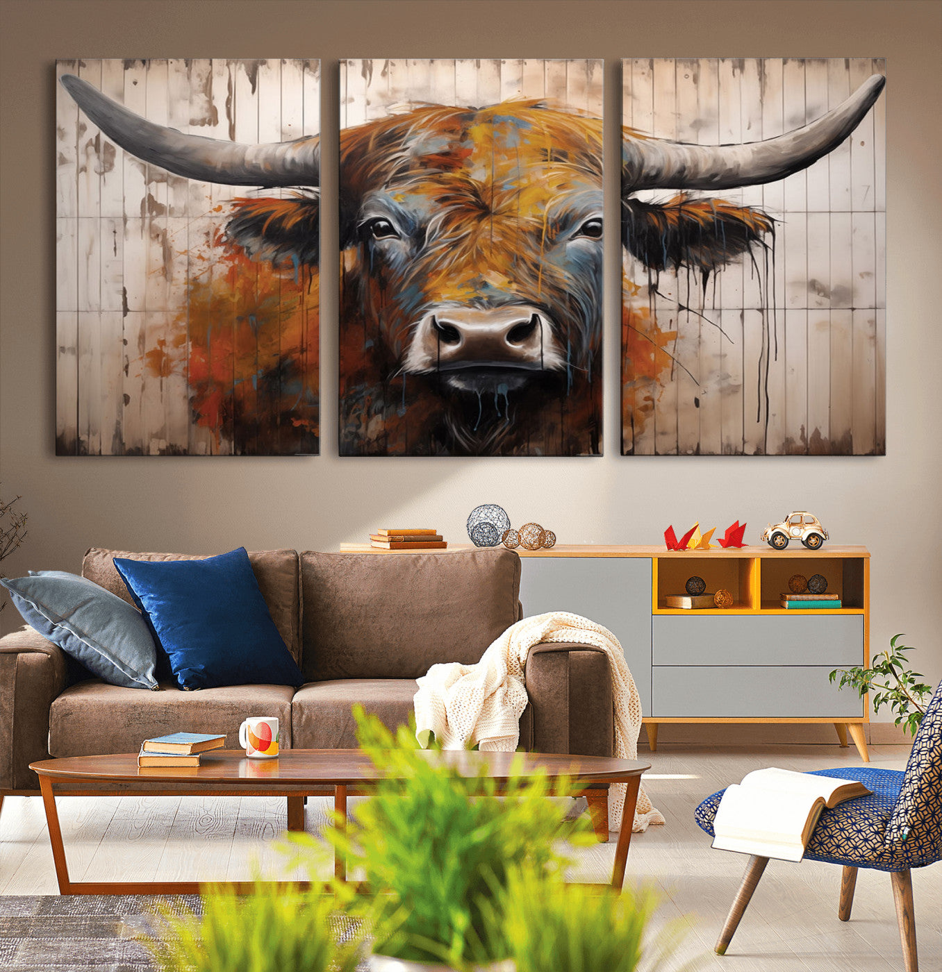 MGV-CV-60X30-3P - Abstract Bull Highland Cow Canvas Wall Art Print – Vibrant Rustic Charm in Modern Farmhouse Decor –
