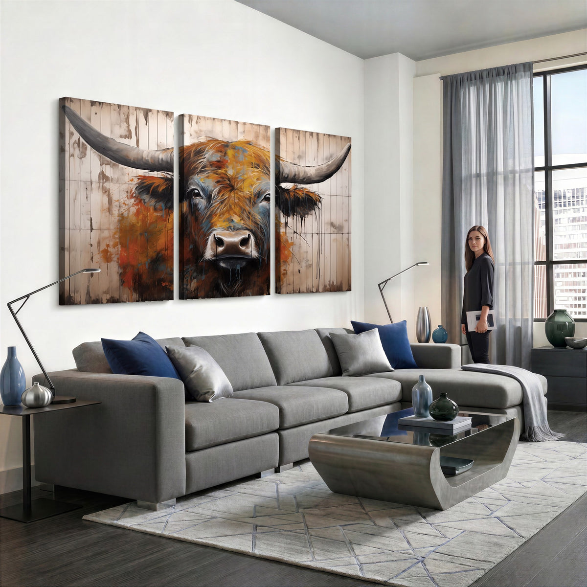 47284-MGV-CV-24X16 - Abstract Bull Highland Cow Canvas Wall Art Print