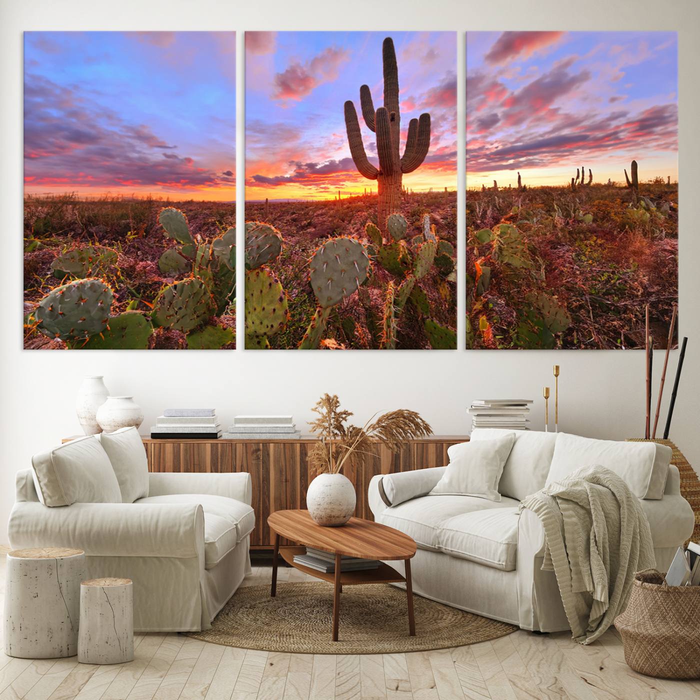 The Arizona Desert Sunset Wall Art Canvas Print hangs prominently.