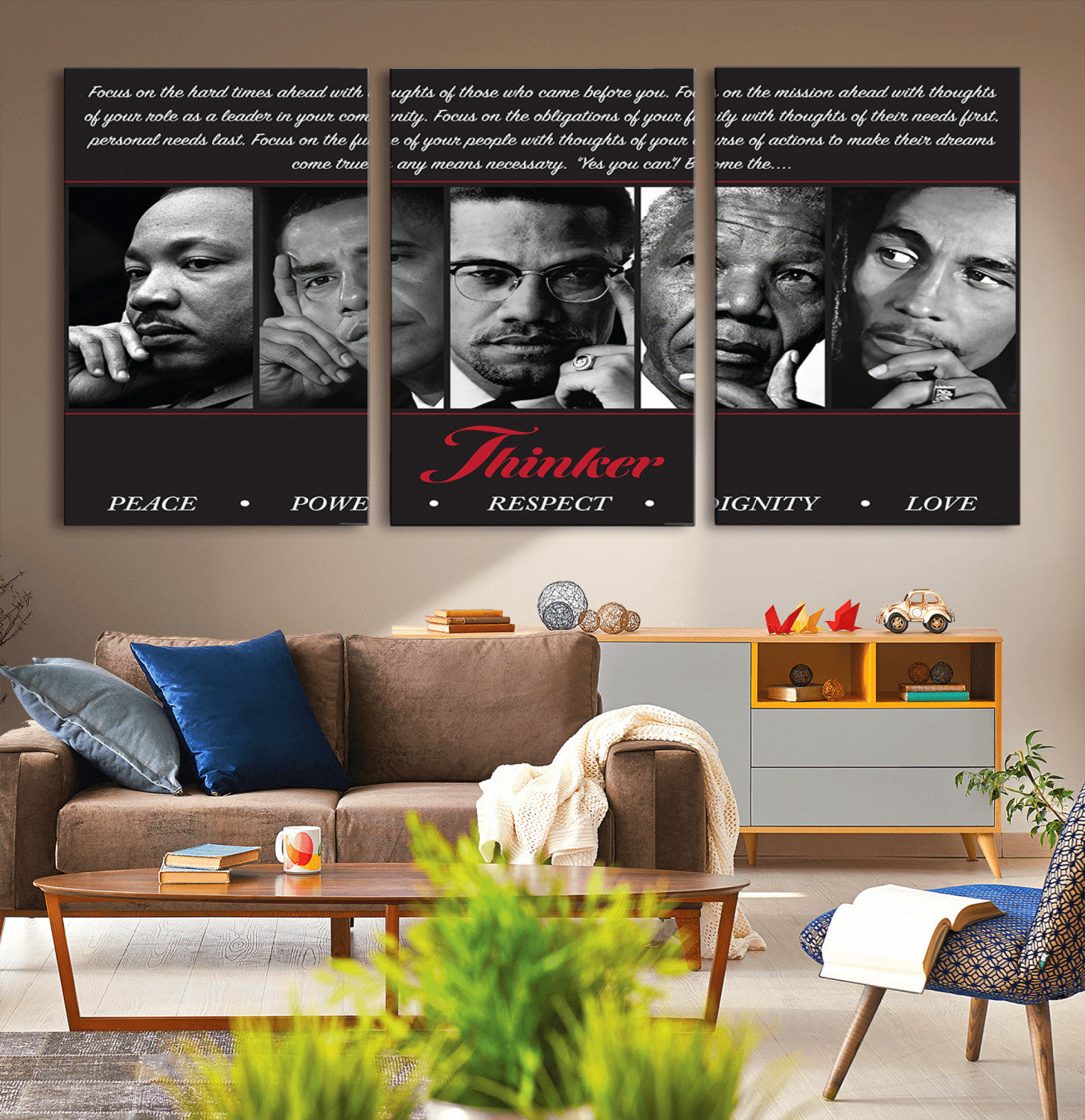 45112-MGV-CV-36X24-Thinker Quintet Canvas Wall Art – Martin, Obama, Malcolm X, Mandela, Marley Featuring Peace, Power,