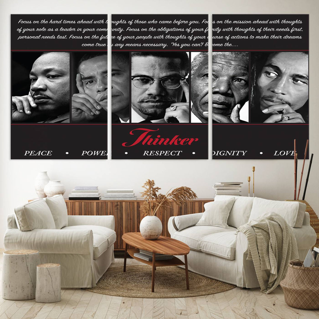 The Thinker Quintet Canvas Wall Art features portraits of Martin, Obama, Malcolm X, Mandela, and Marley, each representing virtues such as Peace and Power.