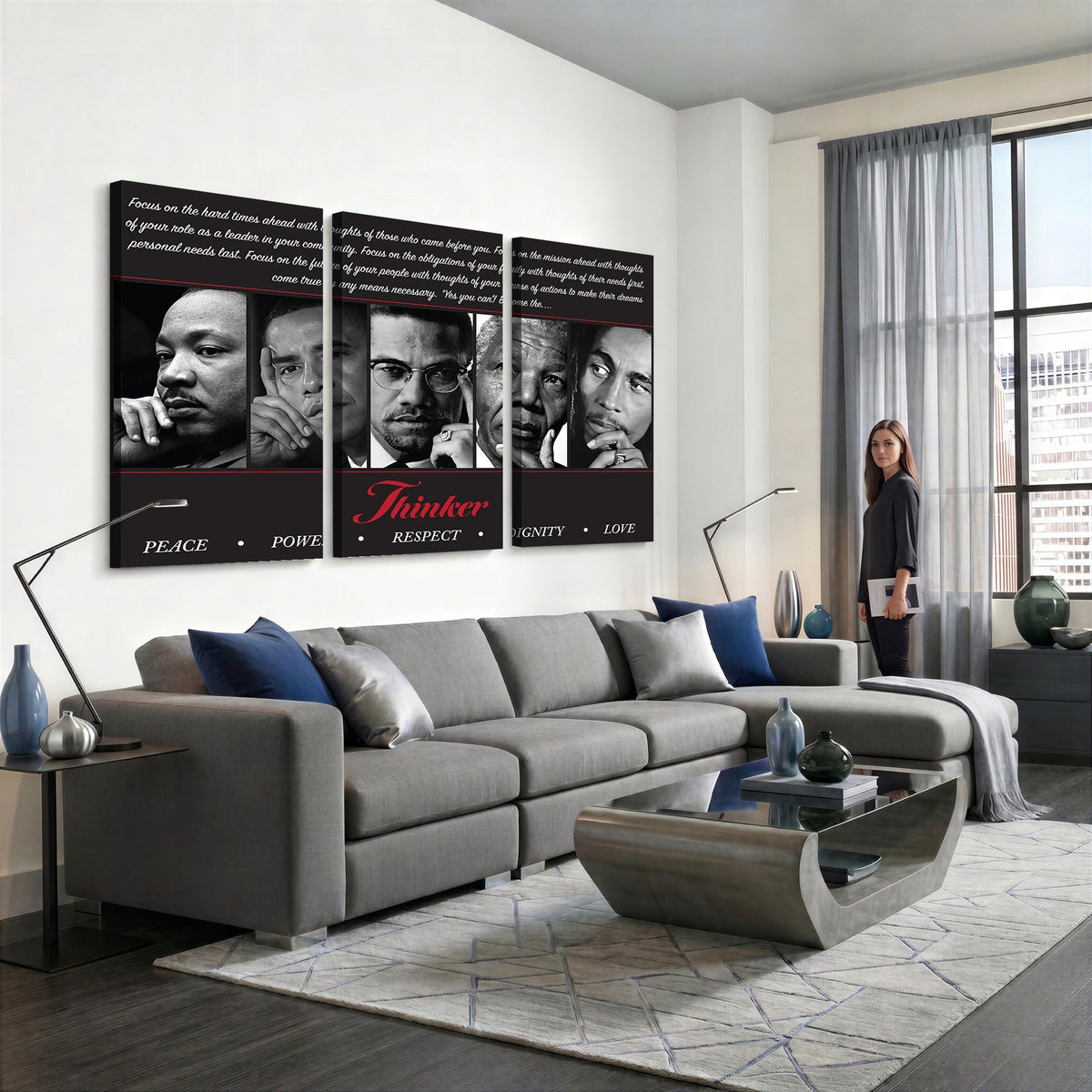 45112-MGV-CV-24X16 - Thinker Quintet Canvas Wall Art | Martin, Obama, Malcolm X, Mandela, Marley, Peace Power Respect Dignity Love