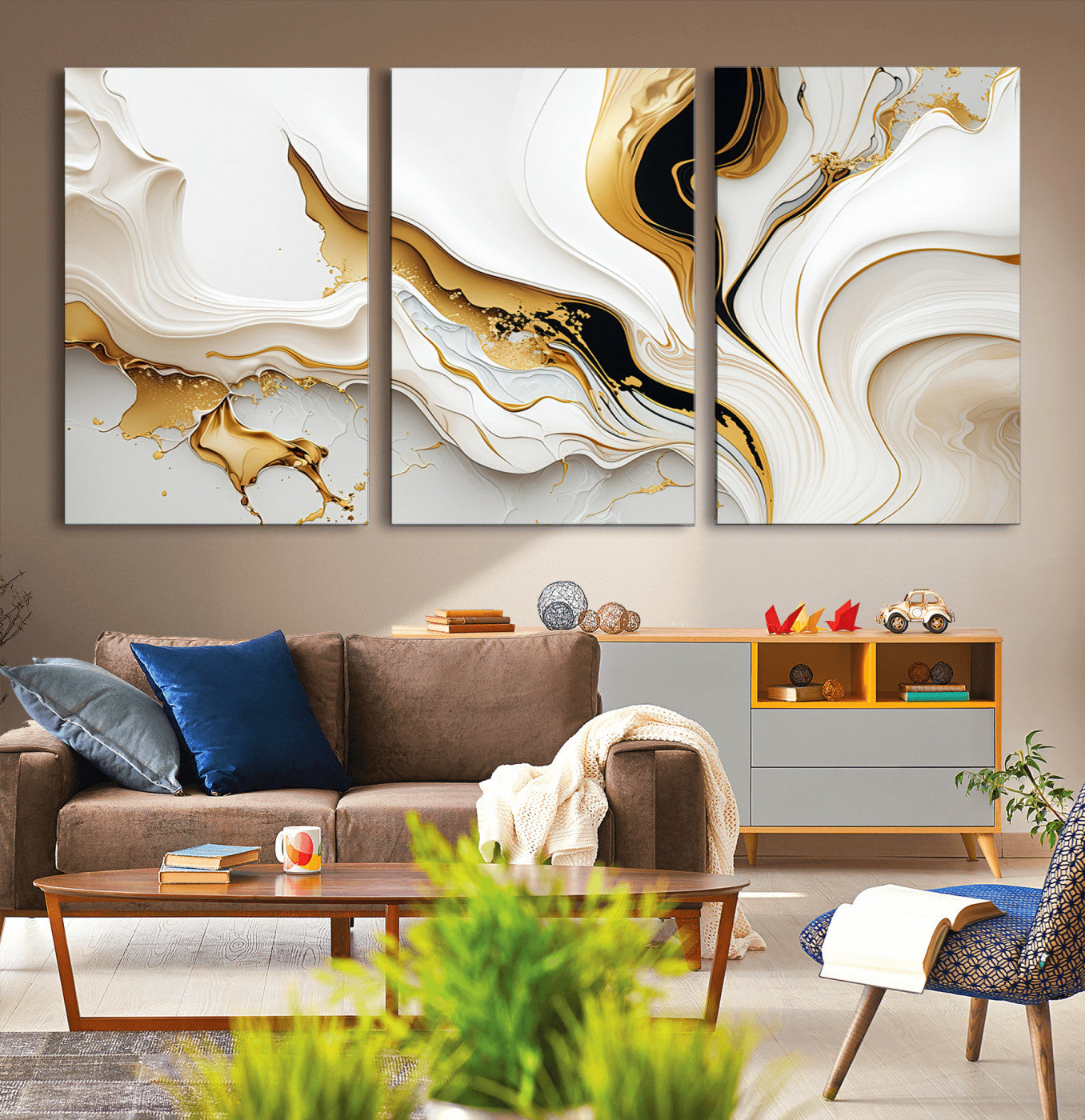 98637-MGV-CV-36X24-Gold Waves on Pure White Canvas – Gold Abstract Art for Modern Interiors | Wall Art Canvas, Framed &