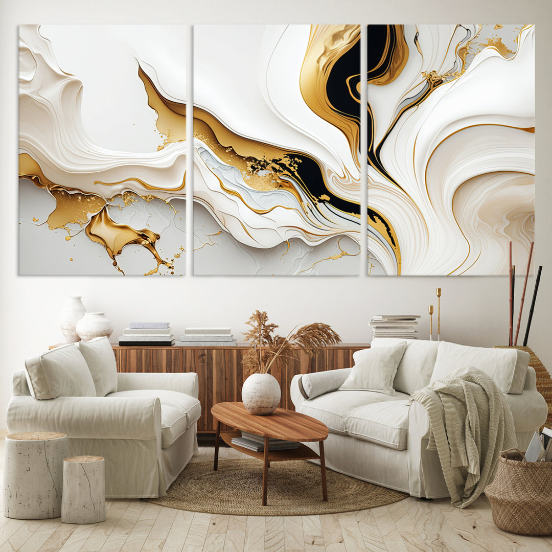 Modern interiors showcase Gold Waves on Pure White Canvas.