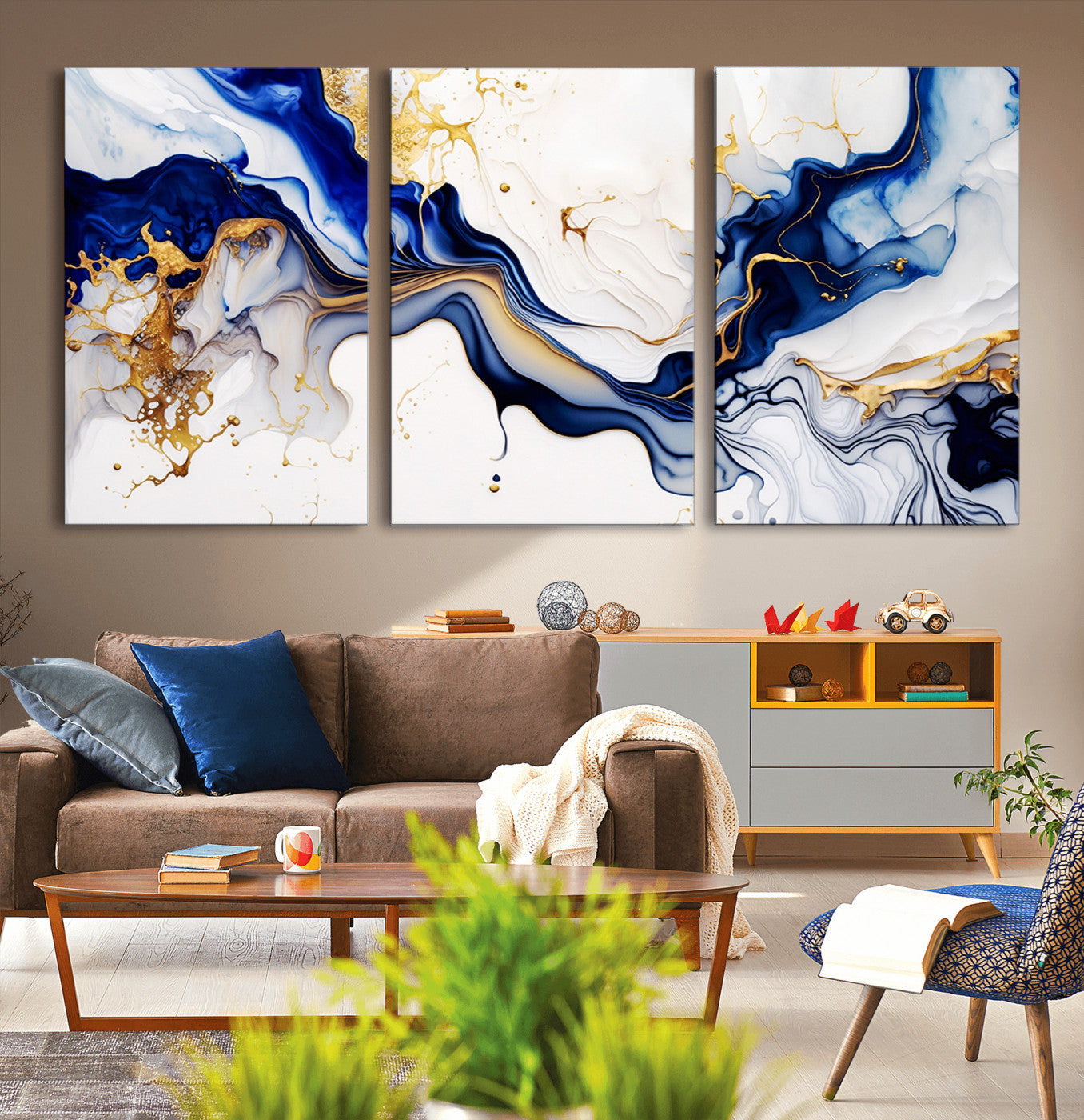 MGV-CV-60X30-3P - Golden Cascades on Midnight Blue – Deep Blue Abstract Wall Art Flowing Elegance | Wall Art Canvas,