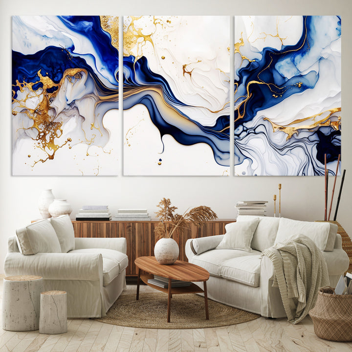 Golden Cascades on Midnight Blue – Abstract Flowing Elegance | Wall Art Canvas, Framed & Ready to Hang