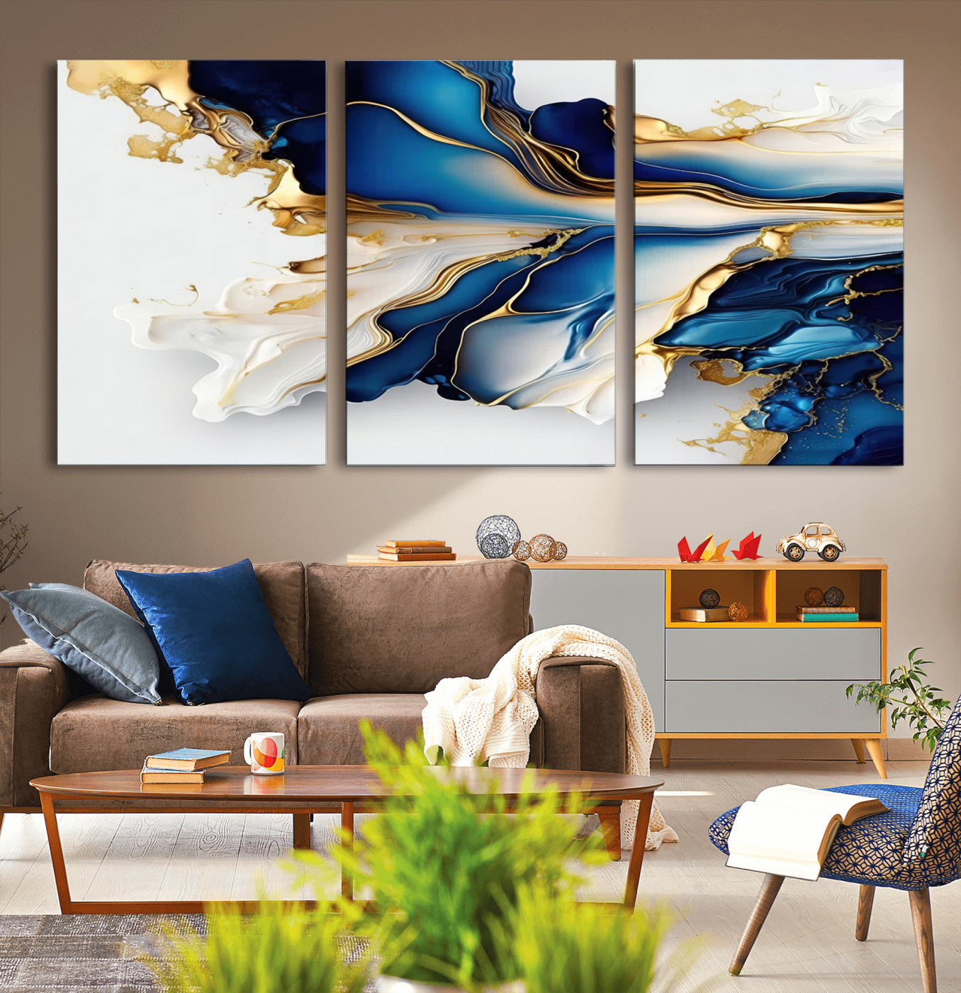 MGV-CV-60X30-3P - Gold Marble Art - Abstract Geode Gold And Blue Marble Shape 3 Pieces Wall Art Canvas Print