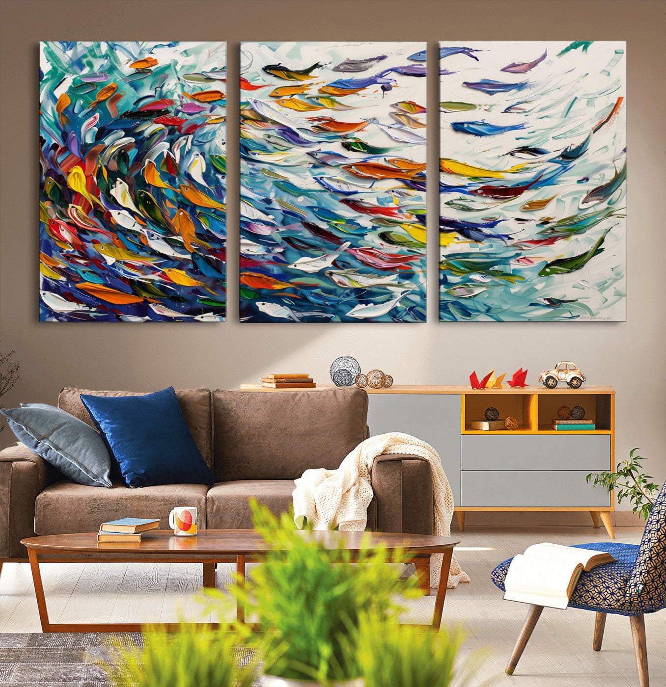 MGV-CV-60X30-3P - Modern Abstract Fish Shoal Wall Art Canvas Print, Colorful Fish Herd Painting on Canvas Print, Ocean