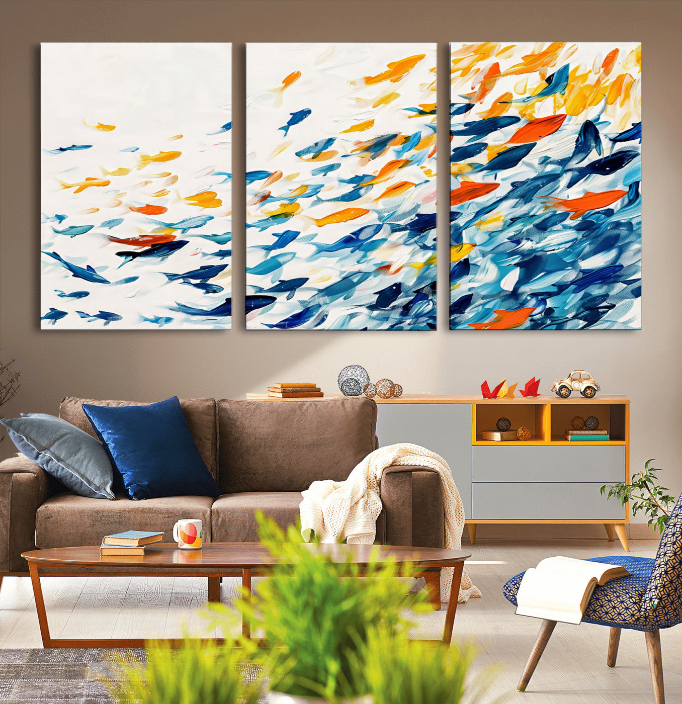 MGV-CV-60X30-3P - Abstract Fish Shoal Wall Art Canvas Print, Colorful Fish Herd Painting on Canvas Print, Ocean Animal