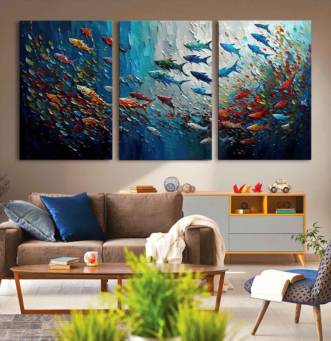 MGV-CV-60X30-3P - Modern Abstract Fish Shoal Wall Art Canvas Print, Colorful Fish Herd Painting on Canvas Print, Ocean