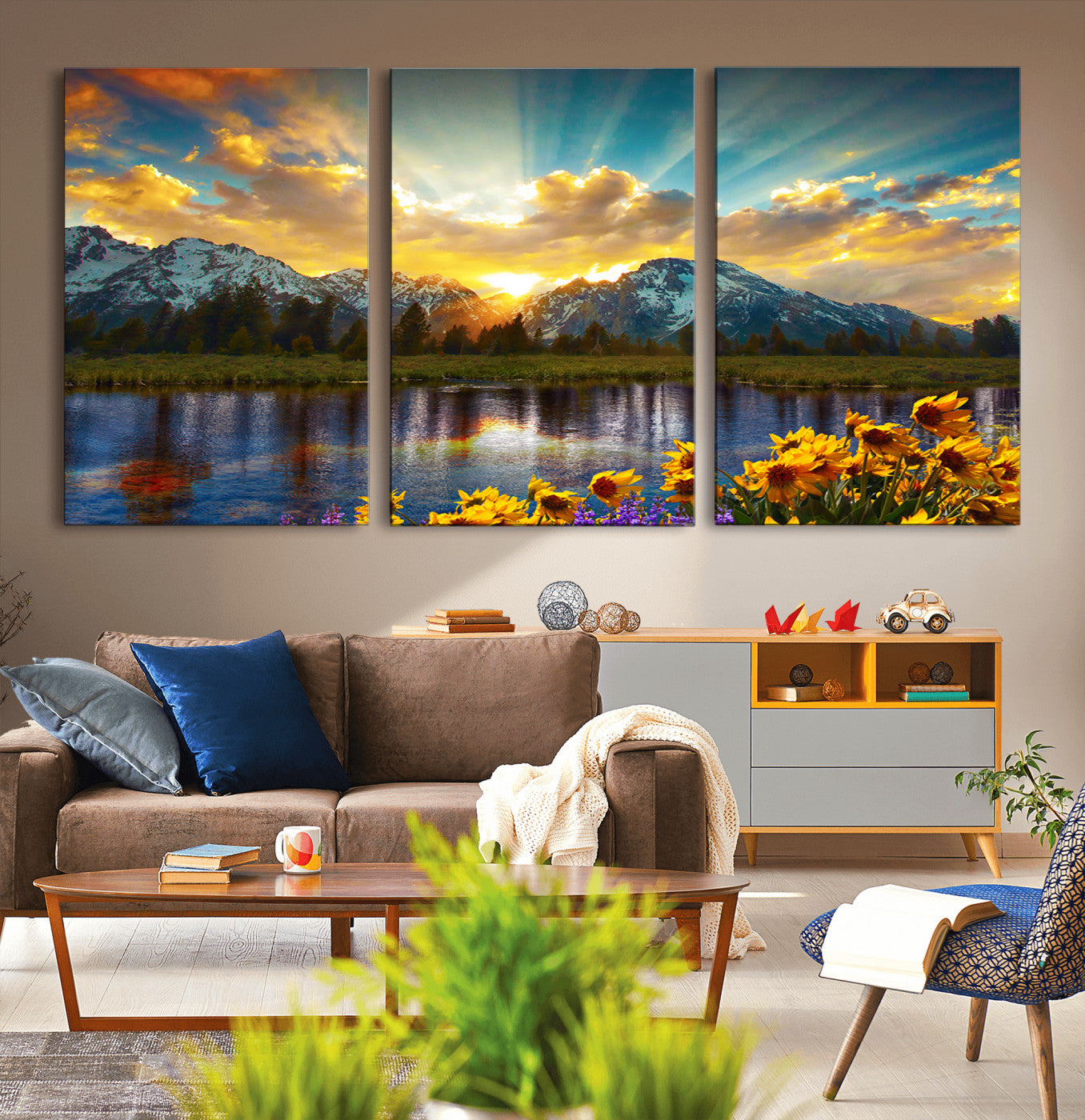 MGV-CV-60X30-3P - Grand Teton Park Amazing Mountain Landscape Sunset Wall Art Canvas Print